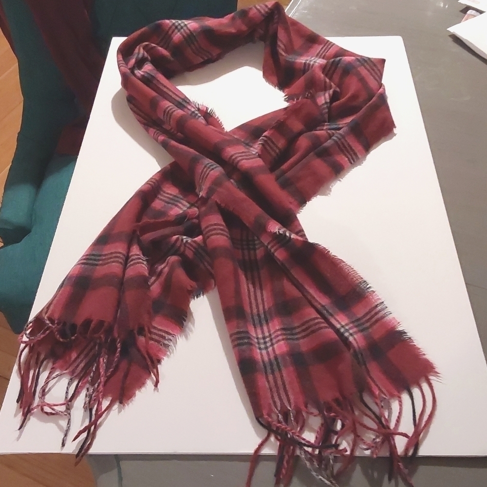 Boutique Burgundy/DARK Pinks Plaid Butter Soft Fringe Scarf Preppy Oversized